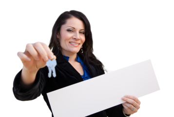Transparent PNG of Hispanic Woman Holding Blank Sign and Keys.