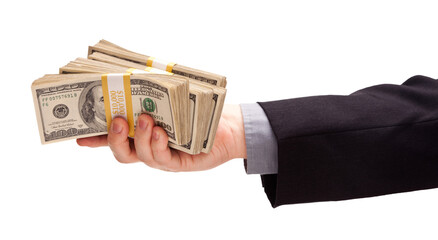 Transparent PNG of Man Handing Stacks of Thousands of Dollars.