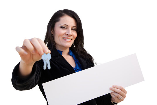 Transparent PNG of Hispanic Woman Holding Blank Sign and Keys.