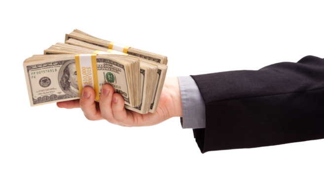 Transparent PNG of Man Handing Stacks of Thousands of Dollars.