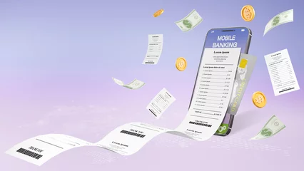 Fotobehang 3D rendering of mobile phone online payment. pay the bill of invoices. online transaction Mobile application for digital money transfers © W.bass
