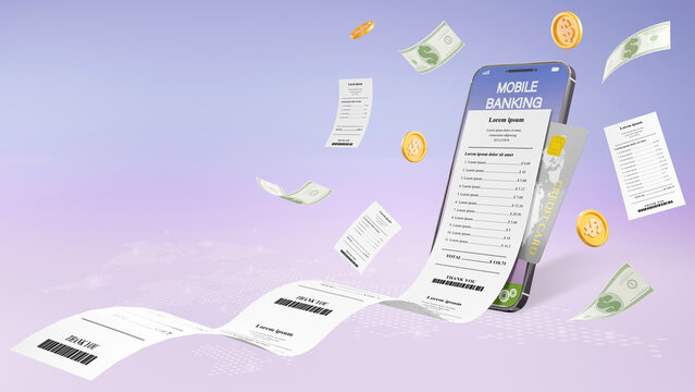 3D rendering of mobile phone online payment. pay the bill of invoices. online transaction Mobile application for digital money transfers