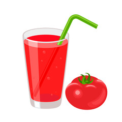 Tomato juice in a glass with tube for drinking. Healthy organic fresh drink icon. Vegetable smoothie. Vector illustration in flat style isolated on white. Taking natural vitamins.