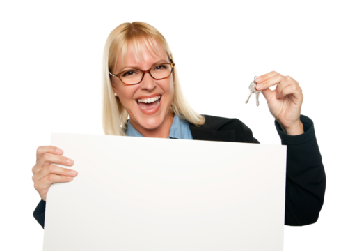 Transparent PNG of Attractive Blonde Holding Keys and Blank White Sign.