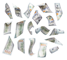 Transparent PNG Set of Falling or Floating $100 Bills.