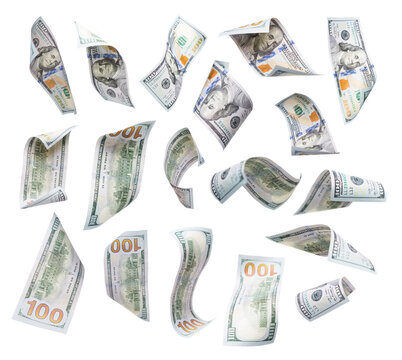 Transparent PNG Set of Falling or Floating $100 Bills.