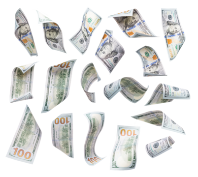 Transparent PNG Set of Falling or Floating $100 Bills.