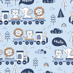 Cute animals on train seamless pattern. Happy Elephant, tiger and lion on locomotive. Cartoon animals background. design for background, wallpaper, wrapping, fabric, and all your creative project.