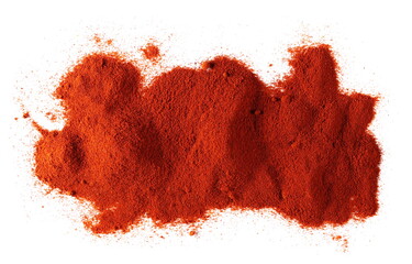 Pile of paprika powder isolated on white background and texture, top view