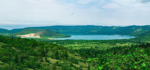 natural landscape of Kunashir island, view of the Golovnin volcano caldera with hot lakes