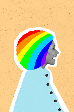 Banner Collage Of Girl Prepare For Lgbt Activist Parade Dying Hair Into Rainbow Colors Isolated On Beige Background