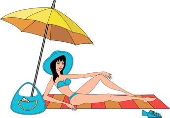 A young girl in a blue swimsuit is resting under an umbrella on the seashore.