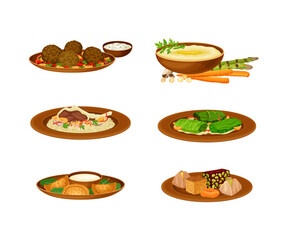 Arabiccuisine traditional food dishes and desserts set cartoon vector illustration