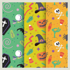 Fototapeta na wymiar Halloween vector cartoon seamless pattern. Background for wallpaper, wrapping, packing, and backdrop. Halloween background with ghosts, skulls, bones, bats, pumpkins, spiders and maple leaves.