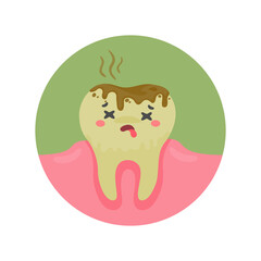 Cartoon teeth and gums inside the mouth are happy with the problem of tooth decay. There are plaque on the teeth.