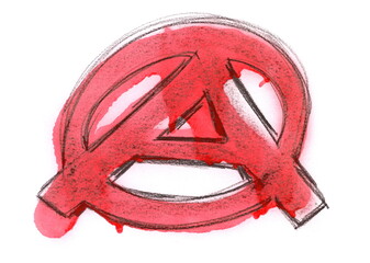 Anarchy symbol drawing, punk sign and red spray stain dripping drops