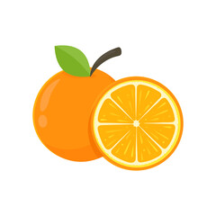 Orange fruit vector set Orange cut in half with green leaves for a healthy juice.