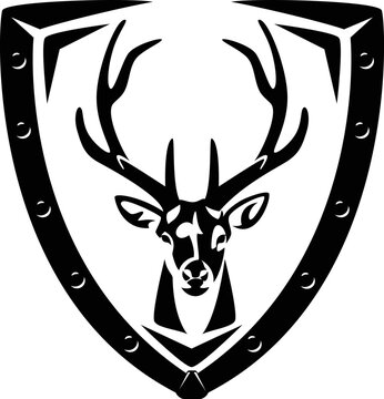 recommend clip art: heraldic shield with wild stag with large antlers head for security concept - deer looking forward black and white vector coat of arms design