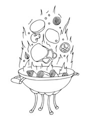 Barbecue with burning wood. Hand drawn doodle. Vector illustration summer barbecue symbols collection Cartoon various meals, drinks, food ingredients and decoration elements Sketch
