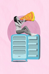 Photo sketch graphics artwork picture of funny funky lady eating huge pizza piece isolated drawing background