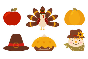 Thanksgiving day icons for seasonal autumn design. Turkey, fruit pie, pumpkin, pilgrim hat, apple and scarecrow.