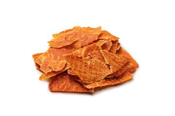 Group of tasty beer snacks. Dehydrated chicken meat slices.