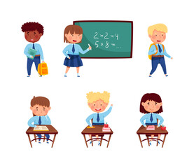 Back to school. Little children in uniform learning at school cartoon vector illustration