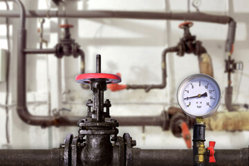 Taps on old water pipes or gas system. Heating of the room. Energy industry. Industrial Measuring sensor. Process pipeline.
