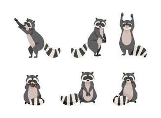 Cute raccoons set. Funny coon in everyday activities cartoon vector illustration © Happypictures