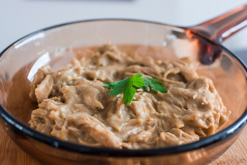 Aji de gallina chicken cream peruvian traditional popular food on glass plate