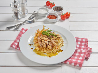 Chicken food plate and sauce background style.