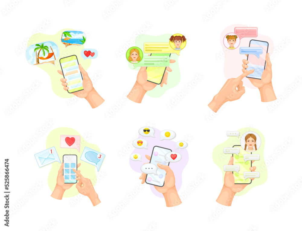 Poster human hand with smartphone text messaging in chat software vector set