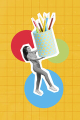 Creative collage picture of excited young woman carry hold pencil stand kindergarten nurse drawing...