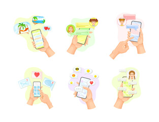 Human Hand with Smartphone Text Messaging in Chat Software Vector Set