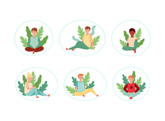 Young Male and Female Resting Outdoor in Sitting Pose with Green Foliage Behind Vector Set