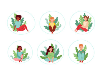 Young Male and Female Resting Outdoor in Sitting Pose with Green Foliage Behind Vector Set