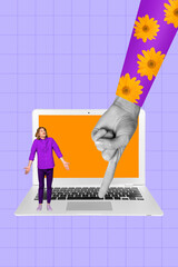 Creative 3d photo artwork collage of confused guy programmer shrug sorry cant turn on computer...