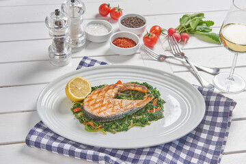 Salmon plate and sauce background style.