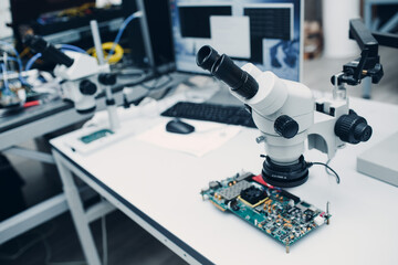 Microscope in Scientific research tech Laboratory on table.