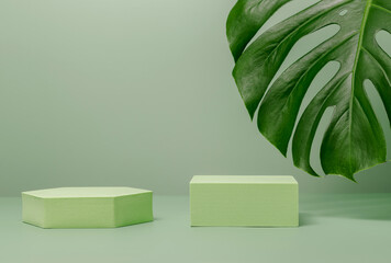 Geometric minimal podiums with monstera leaf. Aesthetic background for cosmetic and product...