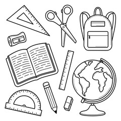 Collection of school supplies and stationery. Back to school. Set of accessories for lessons, items for education in sketch doodle style. Hand drawn isolated vector illustration.	