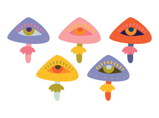 Retro 70's psychedelic hippie mushroom illustration print for man - woman graphic tee t shirt or sticker poster - Vector