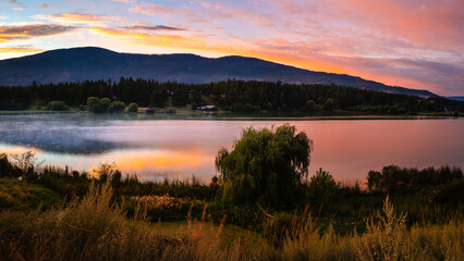 Sunrise tranquil landscape at Otter Lake in Armstrong, British Columbia, Canada
