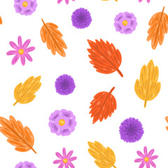 Autumn seamless patern with leaves and flowers