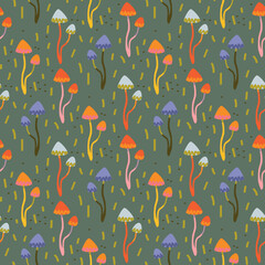 colorful illustration with mushrooms, retro green colors