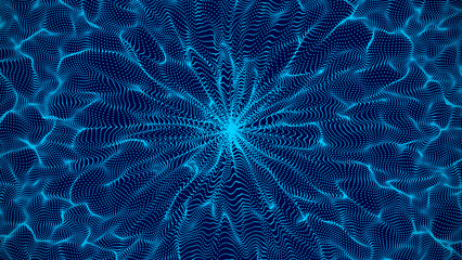 Digital wave texture with dots on the dark background. Big hole or tunnel at the center. Space blackhole screen. Big data visualization. 3D rendering.