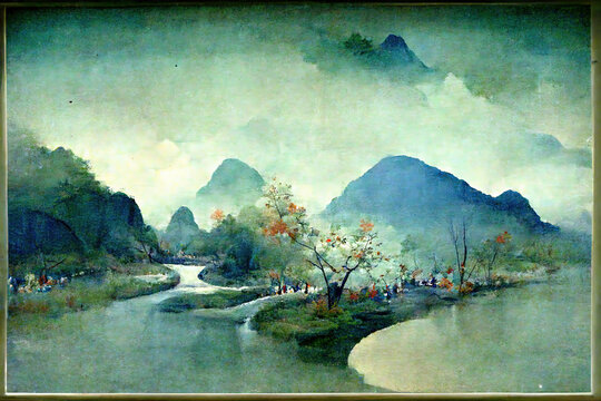 Chinese Ink Painting. Green Mountains and River. Watercolor Style Artwork Background. Book Illustration. Video Game Scene. Serious Digital Painting. CG Artwork Background.
