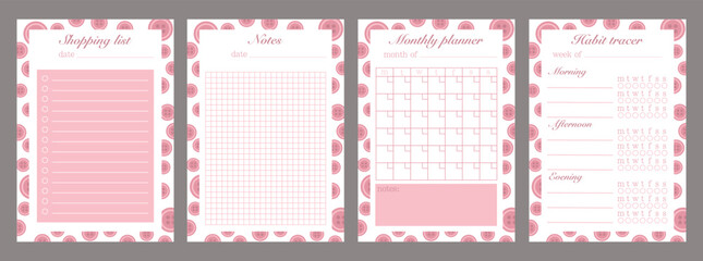 Set of planners. Template for a list of products, a habit tracker, a monthly planner and a sheet for notes. Cute and simple to-do list for printing. Color pink. Vector graphic.