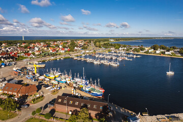 Fototapeta na wymiar Summer view from the air of the Hel Peninsula, a calm and nice landscape over Jastarnia village.