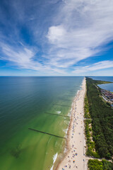 Summer view from the air of the Hel Peninsula, a calm and nice landscape over Chalupy village.